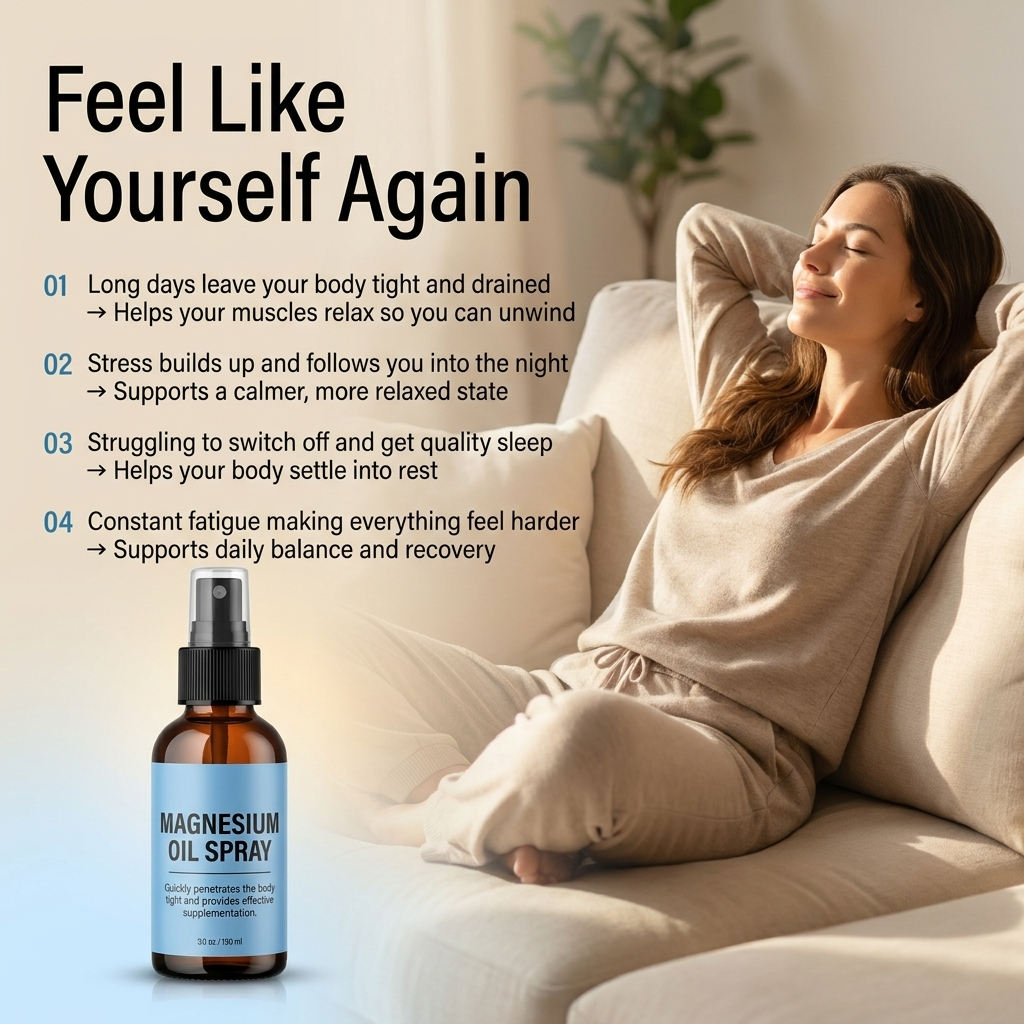 Woman relaxing on a couch with magnesium oil spray bottle, text about its benefits.