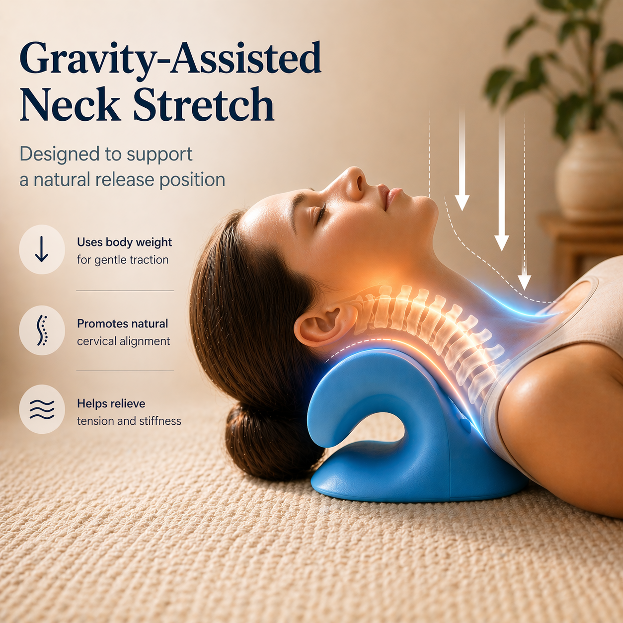 Person using a gravity-assisted neck stretch device with text highlighting its benefits.