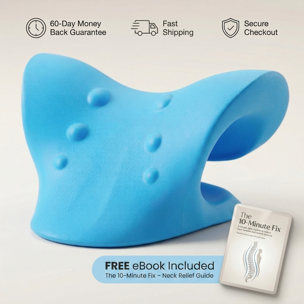 Blue neck relief pillow with a white box labeled 'The 10-Minute Fix' on a light gray background.
