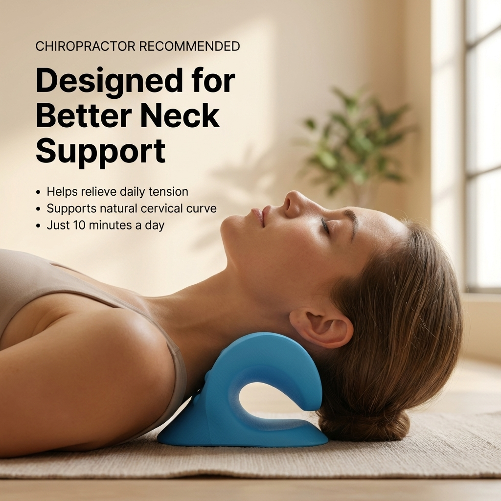 Woman using a blue neck support device with text about its benefits.