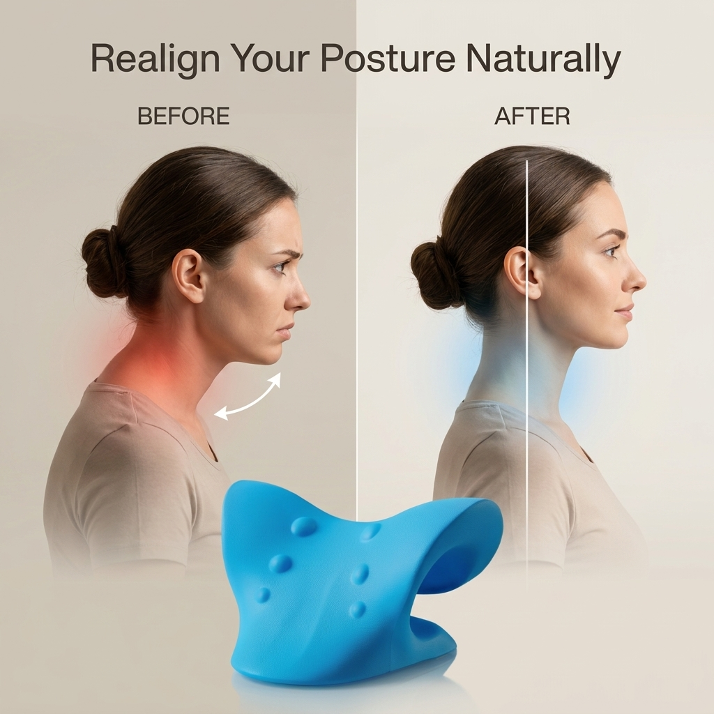 Before and after comparison of a woman's posture with a blue cervical device.
