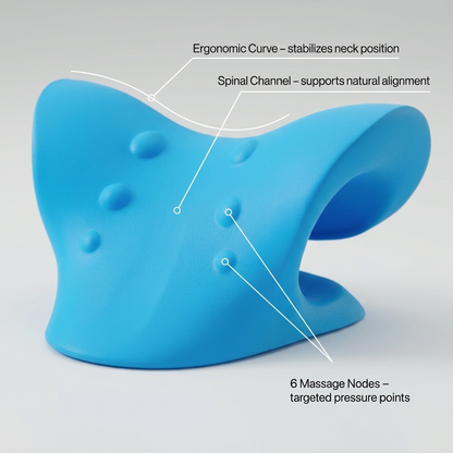 Blue neck pillow with labeled features on a gray background
