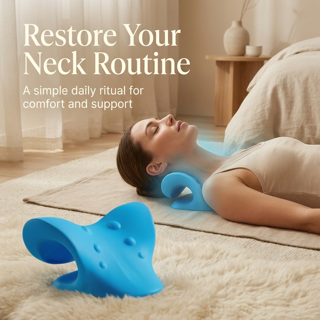 Woman using a blue neck support device in a bedroom setting with text about a neck routine.