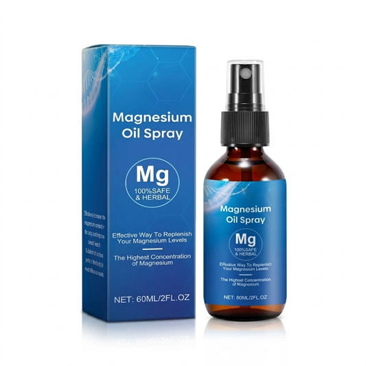 Magnesium oil spray bottle and packaging on a white background