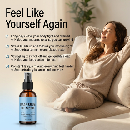Woman relaxing on a couch with magnesium oil spray bottle, text about its benefits.